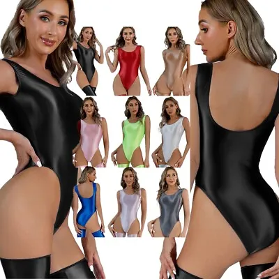 Sexy Women Oil Glossy High Cut Thong Low Back Leotard Bodysuit Catsuit Swimwear • £5.58