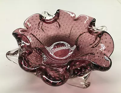 Murano Bullicante Controlled Bubble Amethyst Purple & Clear Ruffled Glass Bowl • $39.99