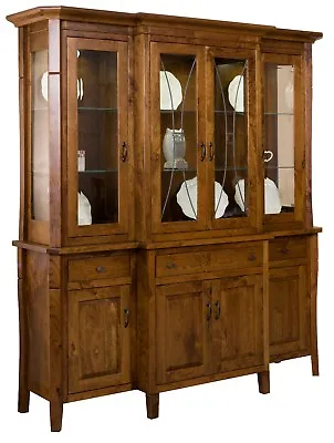 Amish Traditional Shaker Hutch China Cabinet 4-Door Leaded Glass Solid Wood 72  • $5999