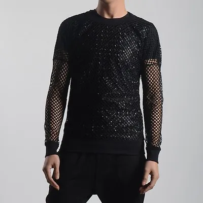 Men Fishnet Mesh Top Shirt T-shirt Dance Gothic Punk Long Sleeve Fashion Black * • £22.79