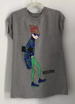 Moschino Kid Gray Cap Sleeve T-shirt Dress W/ Girl & Logo Print Sz 6Y • $42.50