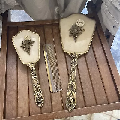 Vintage Gold Plated Hand Mirror And Hair Brush Set Floral Vanity • $36