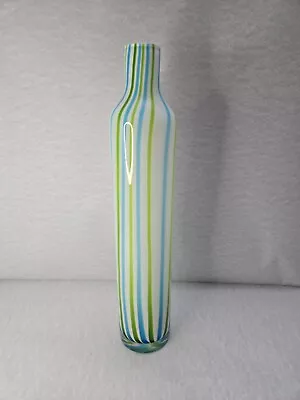 Hand Blown Art Glass Vase Striped Blue White And Green Tall 16   • $33