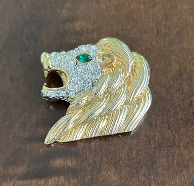 Lion Cat Brooch Vintage Gold Tone With White & Green Rhinestones Lion's Head Pin • $12.99