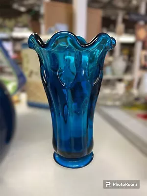 Vintage Viking Double Crimped Vase Blunique Bluenique Blue Art Glass MCM • $58