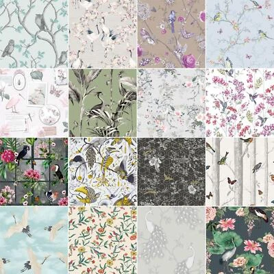 £16.85 • Buy Birds Wallpaper -  Peacock Owls Crane Heron Floral Metallic Glitter Nature