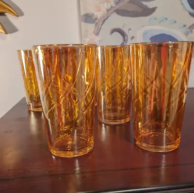 Tumblers Iridescent Gold Jeanette Swirl Marigold Carnival Drinking Glass Six (6) • $29.99