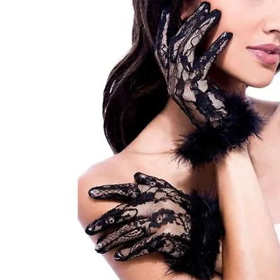 £4.99 • Buy Ladies Short Black Lace Gloves With Fur Trim 20's Fancy Dress French Burlesque
