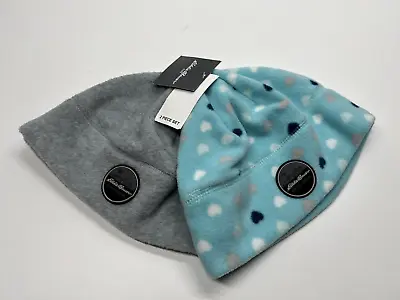 Eddie Bauer Fleece Beanies Winter Hats Kids Size M/L Teal Hearts Gray Solid 2 Pk • $14.16