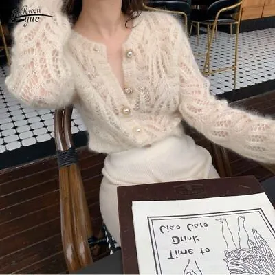  Sweater Autumn White Openwork Knitted Cardigan Mohair Coat Sweater  • $24.90