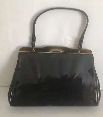 Vintage  Black Patent Leather Clasp Closure Kelly Bag- Unbranded • £12