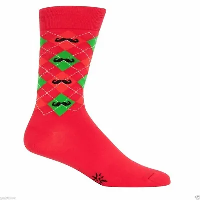 Merry Mustache Argyle Men's Crew Socks Size 10-13 Red Sock It To Me Fashion New • $10.95