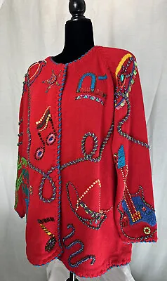 Vintage Michael Simon Western Music Bejeweled Cowboy Cardigan Sweater Sz 2 XL • $39.99