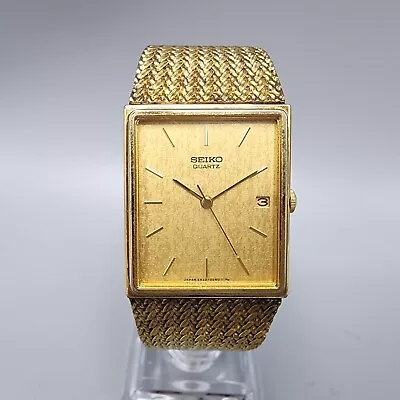 VTG Seiko Tank Watch Men 24mm Gold Dial Gold Tone Date Rectangle New Battery • $39.99