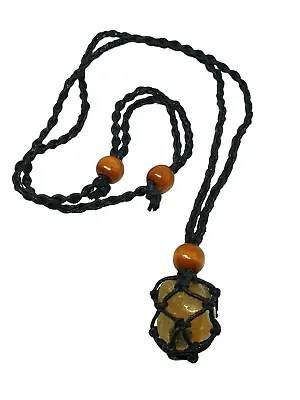 Citrine Net Pendant Necklace Crystal Natural Gemstone Black Cord Wooden Beads • £5.99