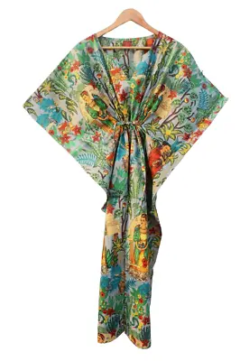 Indian Vintage 100% Cotton Long Beach Maxi Kaftan Dress One Size Caftan Kimono • $26.99