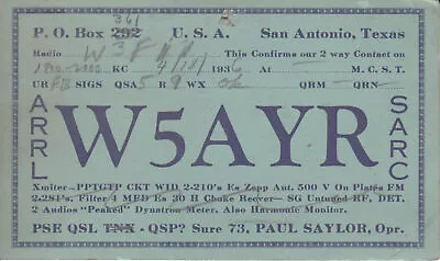 W5AYR QSL Card San Antonio TX 1936 • $6