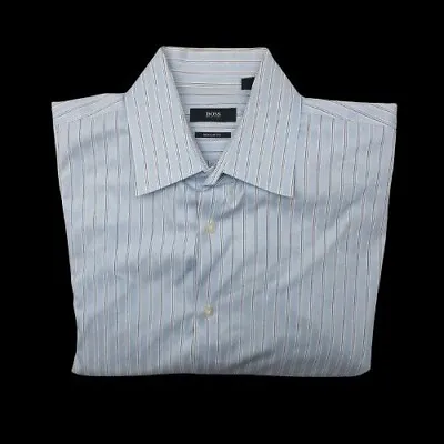 Hugo Boss Mens 16.5 34 35 Blue Stripe Regular Fit Button Up Dress Shirt • $22