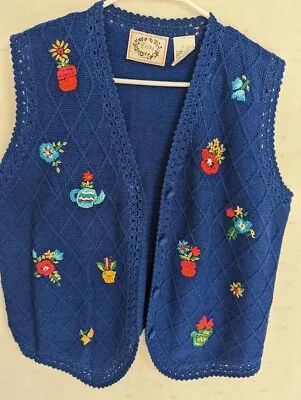 Vintage Womens Large Erica Sweater Blue Vest Knit Floral Tea Pot  • $20