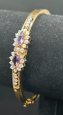 925 Sterling Silver Gold Amethyst With CZ Flower Clasp Bangle 6.5in - 12.5g • $14.99