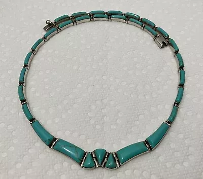 Vintage Mexico Sterling Silver Turquoise Hinged Panel Link 17  Necklace 26 Grams • $12.50