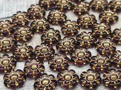 10 Czech Flat Daisy Flower Glass Beads - Dark Amethyst With Gold Wash - 10mm • £1.60