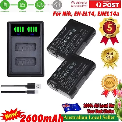 2x 2600mAh EN-EL14 Battery + C Port Charger For Nikon D3400 D5100 Coolpix P7000 • $46.90