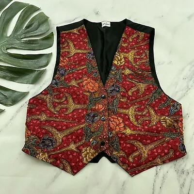 Tropica Imports Womens Vintage Vest Size S Red Black Beaded Batik Floral • $23.19