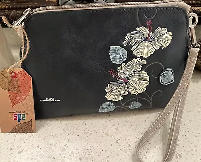 ESPE Hibiscus ISmart Leather Card Holder Wallet Dark Blue Organizer Smart Bag • $26.49