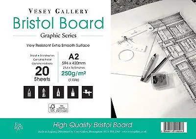 A2 Bristol Board. A2 420 X 594mm. Loose Leaf. 250gsm White Smooth Card. • £17.50