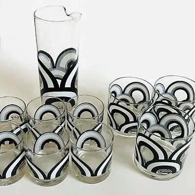 Vintage MCM Mod 10 Pc Barware Set Cocktail Pitcher + 9 Glasses 3 DOF 6 Lowballs • $98.99