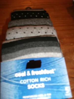 Ex M & S COTTON RICH 5 PAIRS COOL AND FRESH SOCKS GREY BLACK STRIPE SPOT MIX • £8.99