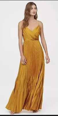 BNWT H&M Mustard Yellow Satin Long Maxi Evening Occassion Pleated Dress • £19.99