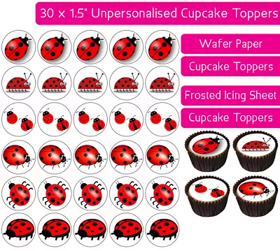 30 Lady Bird Cartoon Edible Wafer & Icing Cupcakes Toppers Bday Party Decor Bug • £2.25