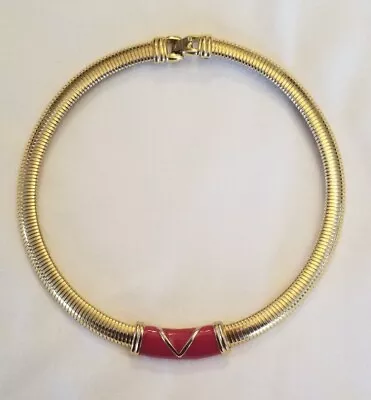 VTG. MONET RED ENAMEL & GOLD TONE OMEGA SERPENTINE V DESIGN NECKLACE 359 Fr Ship • $24.99