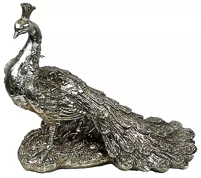 Elegant Peacock Decorative Statue Resin Silver W/ Gold Tones 16.5  L X 13  H • $36.47