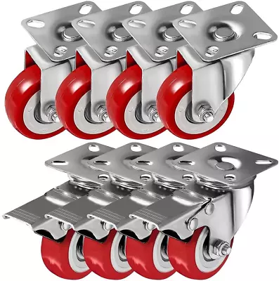 8 Pack Caster Wheels Swivel Plate Casters On Red Polyuretha • $27.99