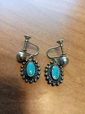 Vintage Native American Turquoise Earrings Sterling Screw Back Beautiful H/Made • $28.75