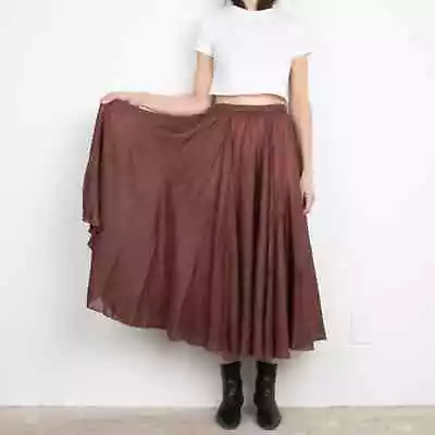 Vintage 90s Brown Silk Maxi Skirt Size M/L Pull On Elastic Waist Full • $49