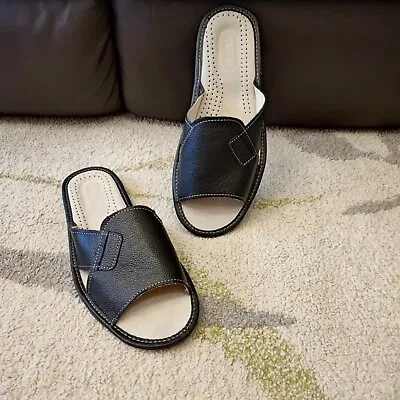 Handmade Leather Slippers For Men Black With Natural Leather Insole • £12.72