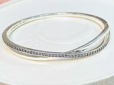 $99 • Buy Authentic Pandora Entwined Silver CZ Hinged Bangle 590533 Size 2 Retired