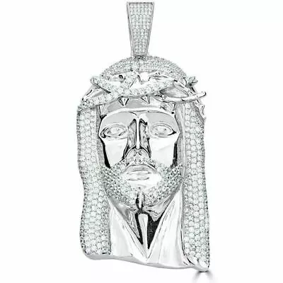 HUGE Hip Hop Mens Jesus Head CZ Piece Pendant Real SOLID 925 Silver ICED • $123.46