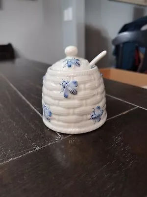 Vintage Sadek Bees Blue White And Blue Honey Pot With Lid And Spoon/Dipper E2 • $21.99