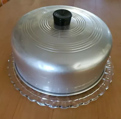 Vintage Metal Cake Pie Cover Plate Lid Dome Black Knob With Glass Plate • $15