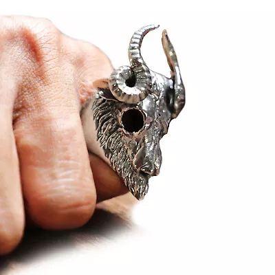 Horned Goat Ring Men Sterling Silver 925 Satanism Biker Monster Pentagram Animal • $90