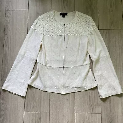 St. John Women Knit Blazer Full Zip Long Sleeve Lace Detail Solid Beige Size 12 • £104.16