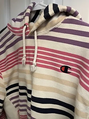 Champion Striped Reverse Weave Crop Top Hoodie Multicolored Size S • $22
