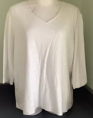 Quacker Factory Women's Cotton 3/4 Sleeve V-Neck Sequined Top Size 3X White • $13.99