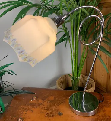 £19.99 • Buy Vintage Chrome Effect Swirl Table Bedside Lamp Genuine 1930s White Glass Shade