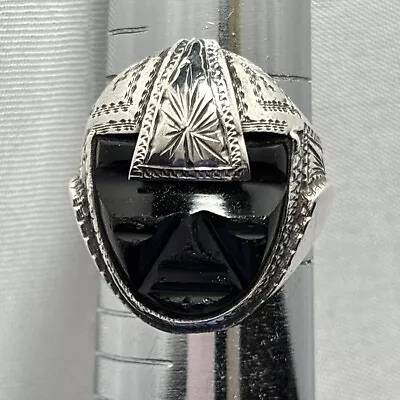 Vintage Sterling Silver 900 Carved Onyx Warrior Aztec Mayan Band Ring Sz 7.5 • $73.99